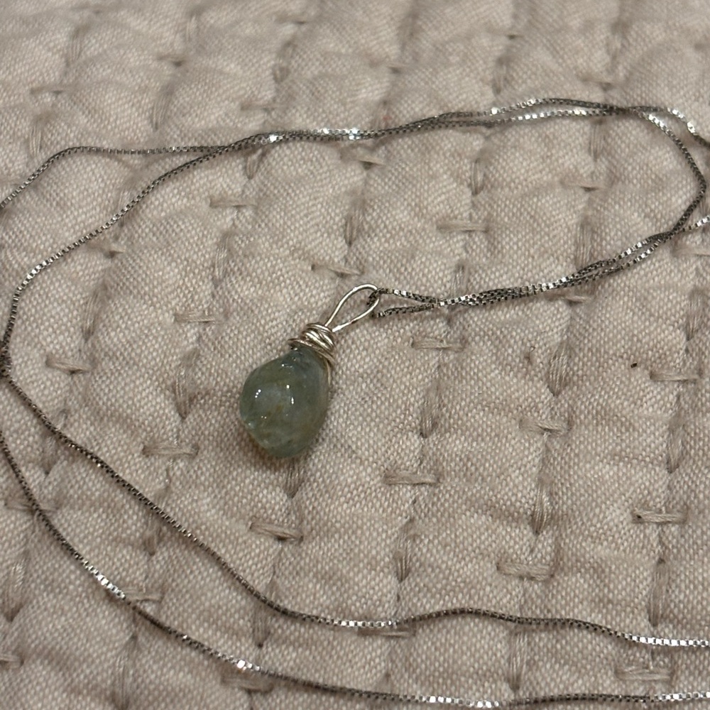 Aquamarine tiny pendant on Platinum Sterling Silver Chain
